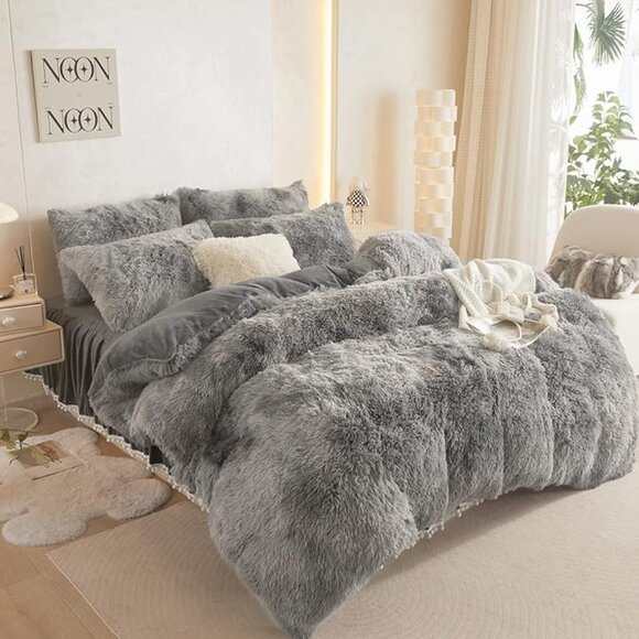 HAIHUA Luxury Plush Shaggy Duvet Cover Flannel Velvet Bedding (1 Faux Fur +2 Pil - Picture 9 of 9